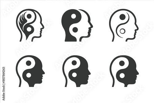 Mind Duality Icons. Duality of mind. Icon set. Set Logo of Duality of mind: Yin-yang human head. harmonious logo variations of the same emblematic concept,