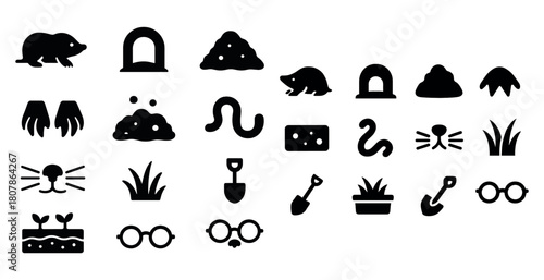 Black and white mole and gardening icons set with various tools and animals