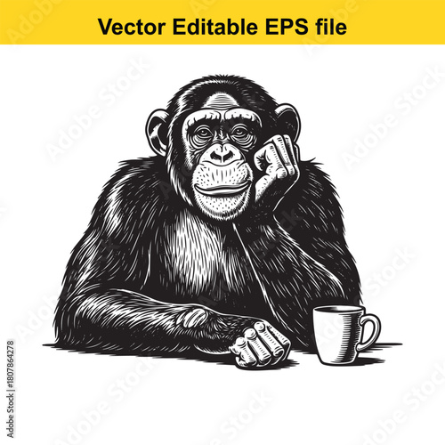 A thoughtful chimpanzee ponders lifes mysteries while enjoying a cup of coffee, isolated on a moment of contemplation and caffeine