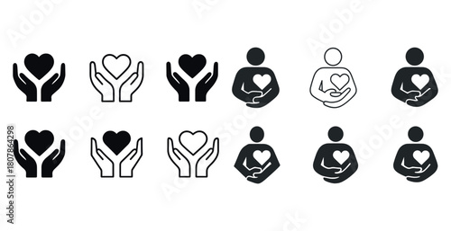 Set of heart and hands icons in various styles and designs
