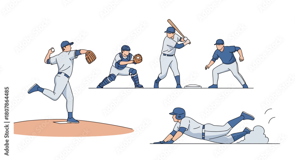 Fototapeta premium Baseball Game Line Art: Pitcher, Catcher, Batter, and Runner