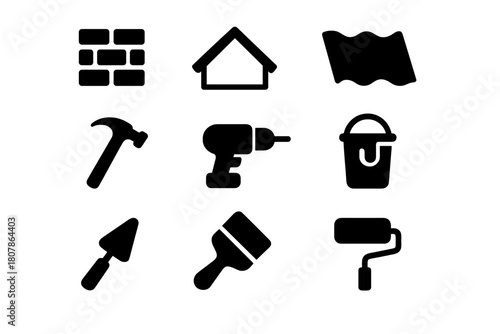 Building Tools Icons. Building envelope. Solid icon set of building envelope: wall, roof, membrane, hammer, drill, bucket, trowel, brush, roller, gloves,