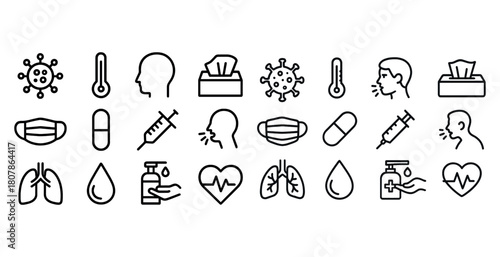 Health icons set: virus, face mask, symptoms, hygiene, medical care