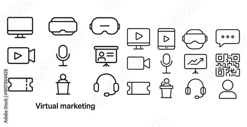Virtual marketing icons: vr, microphone, headset, video, analytics, qr code