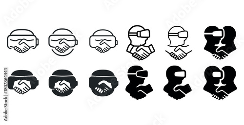 Virtual reality collaboration icons: vr headset, handshake, communication