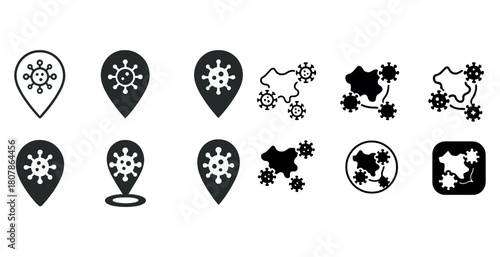 Virus location icons: map markers and molecular symbols in black and white