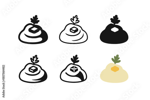 Mashed Potato Logo Variations. Mashed potato mound. Icon set. Set Logo of mashed potato mound: mound with parsley garnish and butter pat. harmonious logo