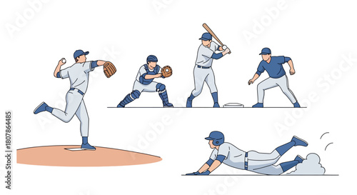 Baseball Game Line Art: Pitcher, Catcher, Batter, and Runner