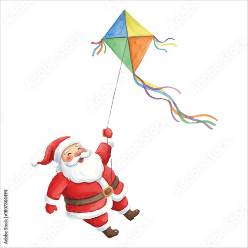 Santa Claus Flying Kite Vector Isolated on White Background Christmas
