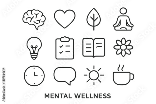 Mental Wellness Icons. Mental wellness. Icon set. Set Logo of Mental wellness: Relaxing cup of tea. harmonious logo variations of the same emblematic concept