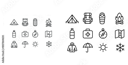 Outdoor adventure icons: camping, hiking, and survival essentials