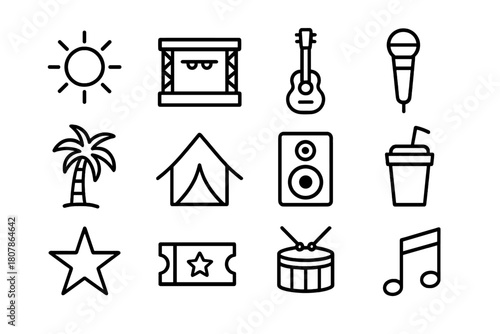 Summer Festival Icons. Summer Music Fest. Line icon set of Summer Music Fest: sun, stage, guitar, microphone, palm tree, tent, speaker, drink cup, star,