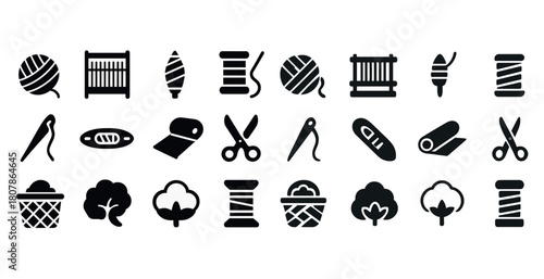 Collection of sewing and knitting icons featuring yarn, needles, and scissors