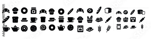 Black and white bakery icons collection for baking and pastry design