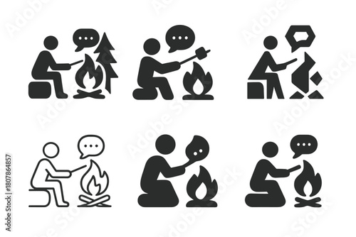 Campfire Story Logos. A person sitting by a campfire in the woods, roasting marshmallows and telling stories. Icon set. Set Logo of A person sitting by a