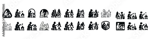 Icon set of various campfire activities in stylized black and white designs