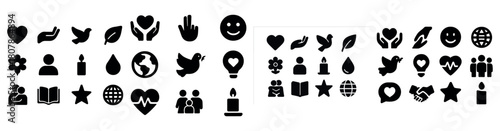 Collection of various black icons including hearts, leaves, globes, and candles