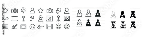 Diverse set of icon designs featuring stars and letters in black and white