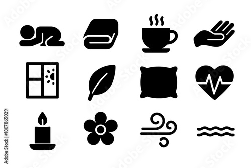 Peaceful Recovery Icons. Peaceful Recovery. Solid icon set of Peaceful Recovery: sleeping figure, blanket, tea cup, gentle hand, window light, leaf, pillow,