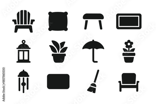 Relaxing Porch Icons. Relaxing porch. Solid icon set of Relaxing porch: chair, cushion, table, outdoor rug, lantern, potted plant, umbrella, flower pot, wind