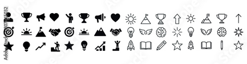 Variety of business and achievement icons in black and outline styles