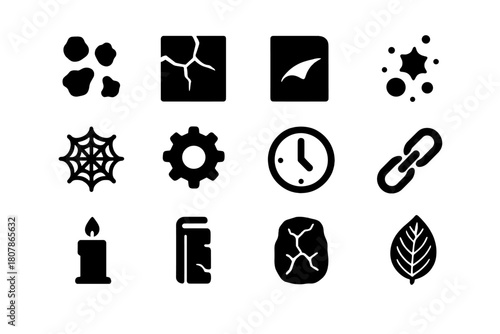 Icons of Time. Decay and Time. Solid icon set of Decay and Time: rust mark, cracked surface, peeling paint, dust particle, cobweb, gear, clock, chain, candle,