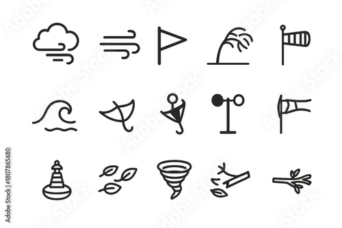 Gale Force Icons. Gale forces. Line icon set of gale forces: storm cloud, gust lines, warning flag, bent tree, whitecap wave, inverted umbrella, anemometer,