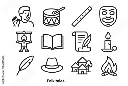 Folk Tales Icon Set. Folk tales. Line icon set of folk tales: storyteller, drum, flute, mask, puppet, book, scroll, candle, feather, hat, village, fire. All
