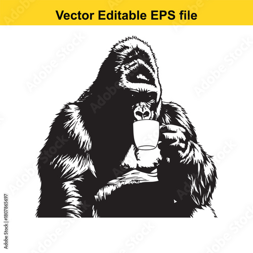 A captivating vector illustration showcases a gorilla, isolated on, enjoying a cup of coffee, creating a unique and humorous image