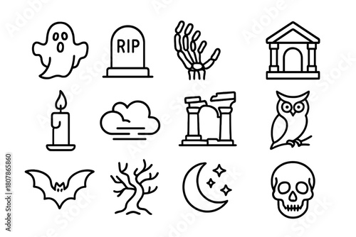 Spirit Icon Set. Spirit apparition. Line icon set of Spirit apparition: ghost, tombstone, skeleton hand, crypt, candle, fog, ancient ruins, owl, bat, twisted