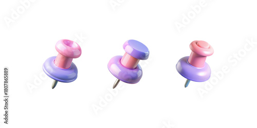 Set of three pink push pins isolated on white background, shiny rounded plastic heads, metal needles, slightly rotated 3D positions.