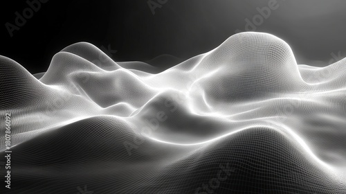 Abstract 3D undulating grayscale landscape with smooth luminous peaks and valleys