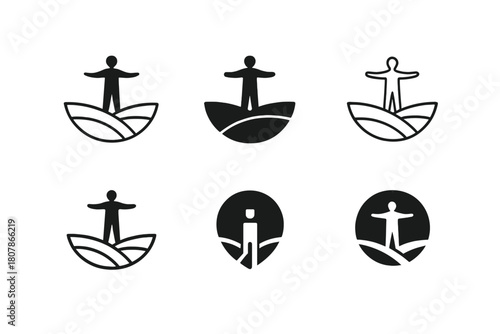 Open Space Logo Variations. open space. Icon set. Set Logo of open space: person standing in wide field. harmonious logo variations of the same emblematic