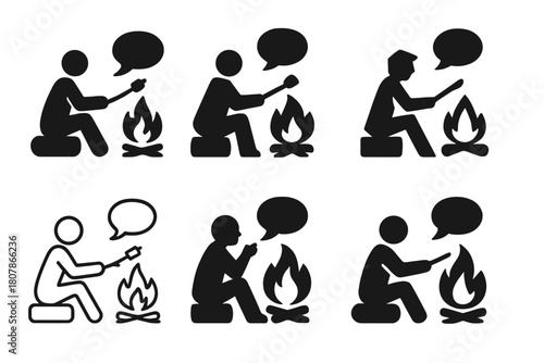 Campfire Story Logos. A person sitting by a campfire in the woods, roasting marshmallows and telling stories. Icon set. Set Logo of A person sitting by a
