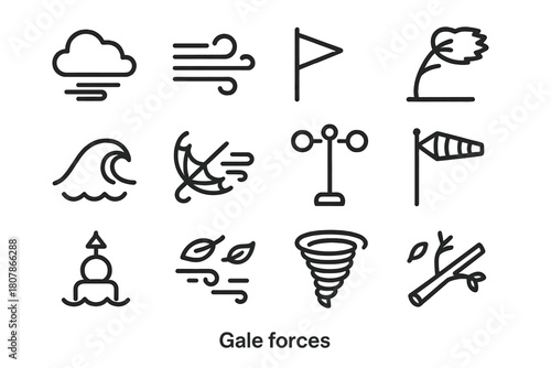 Gale Force Icons. Gale forces. Line icon set of gale forces: storm cloud, gust lines, warning flag, bent tree, whitecap wave, inverted umbrella, anemometer,