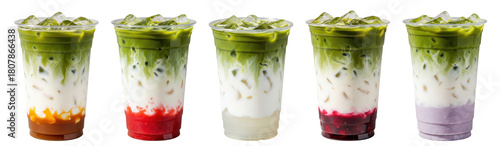 flavored iced matcha lattes: caramel or pumpkin, strawberry, coconut, cherry, taro