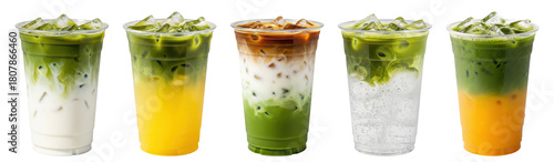 iced matcha green tea drinks: latte, lemonade, coffee, tonic, orange