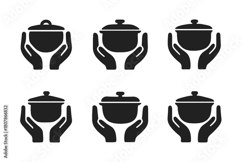 Family Meal Logos. Sharing a family meal. Icon set. Set Logo of sharing a family meal: cooking pot shared between hands. harmonious logo variations of the same