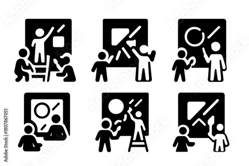 Community Mural Icons. A group of artists working together on a large community mural project. Icon set. Set Logo of Sketch Paper: Design planning. Negative