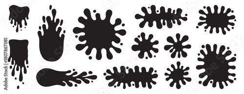 Round ink splatter flat collection. Paint splash shapes black set. decorative shapes liquids. Grunge splashes and in groovy cartoon style