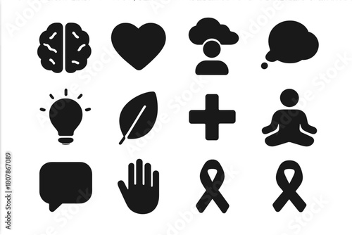 Mental Health Icons. Mental health care. Solid icon set of Mental health care: brain, heart, medical cross, hands holding, calm face, lotus flower, speech