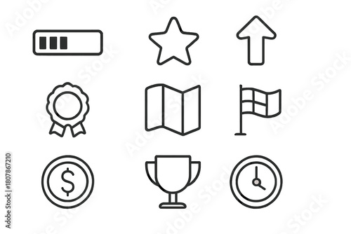 Game Progress Icons. Game Progress. Line icon set of Game Progress: progress bar, loading circle, star, arrow up, badge, map, checkpoint flag, goal target,