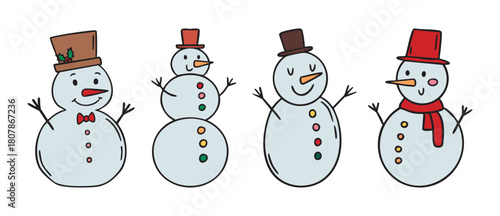 Snowmen clipart set with hats, scarves, smiling faces and a magic snow globe, cozy winter collection, hand drawn.
