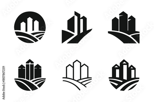 Grain Silo Icons. Grain silo. Icon set. Set Logo of grain silo: silo with grain icon. harmonious logo variations of the same emblematic concept, each with