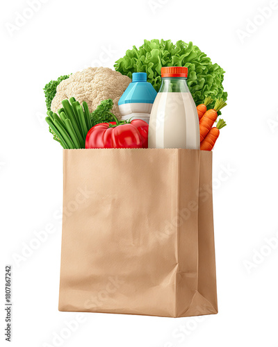 Brown paper grocery bag filled with fresh produce and dairy products