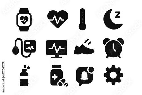 Health Monitoring Icons. Health monitoring. Solid icon set of Health monitoring: thermometer, heart, syringe, pill, medicine bottle, bandage, wound, clock,