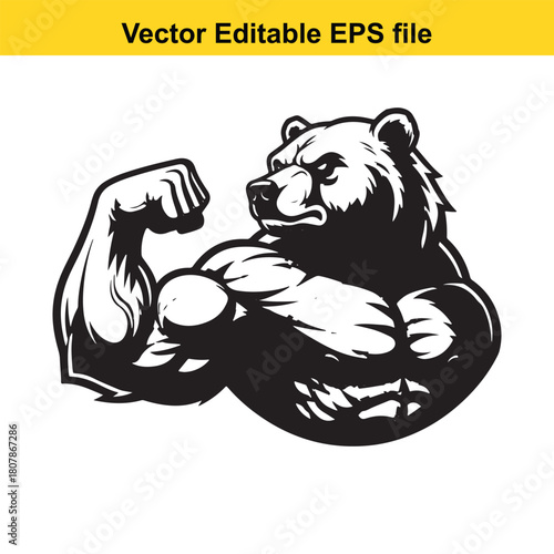 A muscular bear flexing its biceps isolated on, showcasing strength and power in a bold and dynamic vector illustration