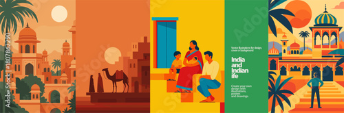 Vibrant vector set of Indian architecture, desert scenes, family life, and cultural landmarks. Warm colors and modern shapes perfect for travel posters, heritage themes, and lifestyle designs.

