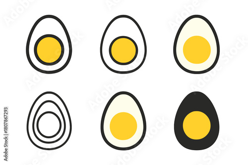 Boiled Egg Logos. Boiled eggs. Icon set. Set Logo of Boiled eggs: Whole boiled egg. harmonious logo variations of the same emblematic concept, each with