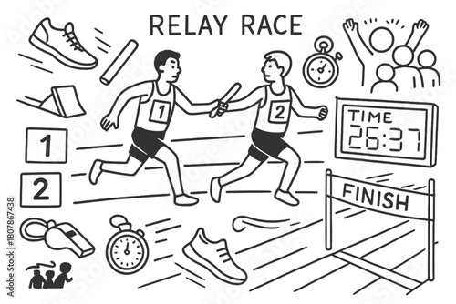 Relay Race Doodle. Relay race. Hand-drawn doodle illustration relay race baton, runners, lane lines, starting blocks, finish tape, stopwatch, whistle, numbered